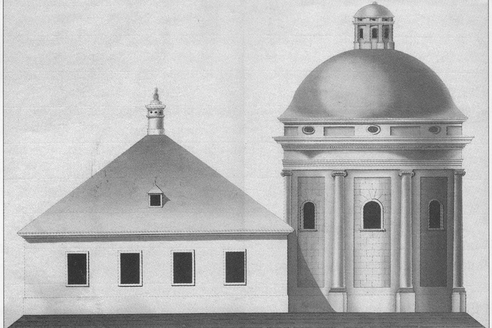 Plan in schwarzweiß vom Josefsbad. Links das eckige Gebäude, rechts das typisch runde Gebäude mit Kuppeldach.
