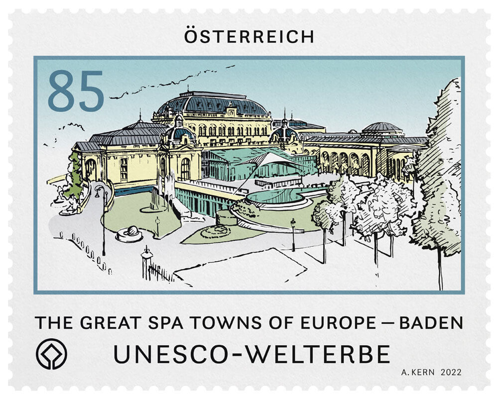 Briefmarke mit einer Zeichnung des Casino Baden. Im Vordergrund die Bäume des Kurparks.