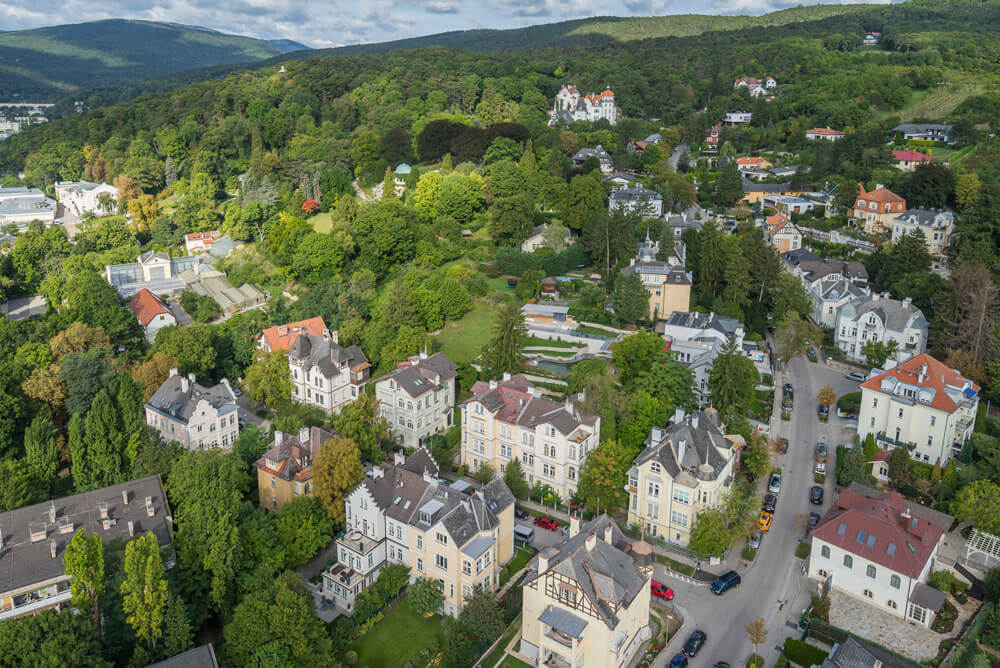 Straße mit mehreren historischen Villen und Teile des Kurparks von oben.