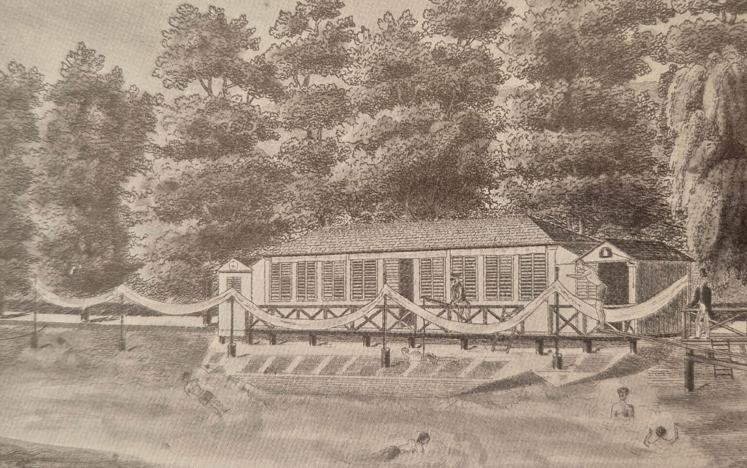 Rechteckiges Badehaus mit Steg; im Teich davor Schwimmende, dahinter Bäume; Schwarzweißzeichnung.