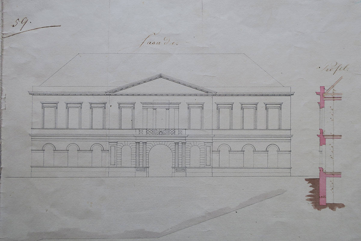 Aufriss der symmetrischen, zweistöckigen Fassade der Attemsvilla mit Säulenportikus und Mittelgiebel.