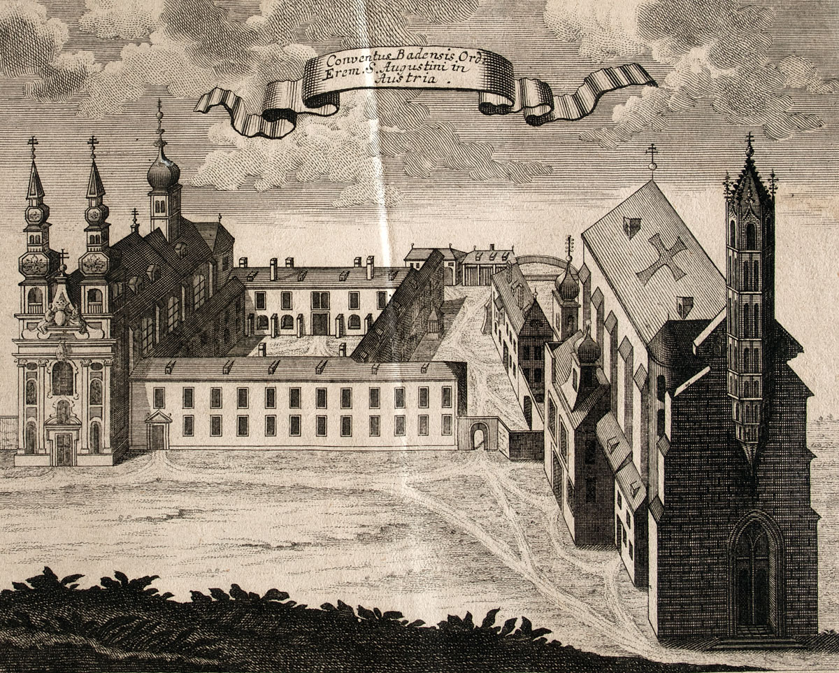 Links Klosterkirche mit drei Türmen; mittig Klostergebäude samt Gästetrakt; rechts ehemalige Frauenkirche mit Turm.