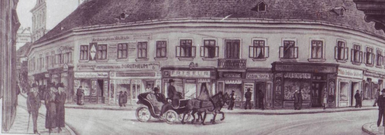 Blick auf das Schratthaus mit Geschäften, davor eine Kutsche; links Theresiengasse und rechts Renngasse; Schwarzweißzeichnung.