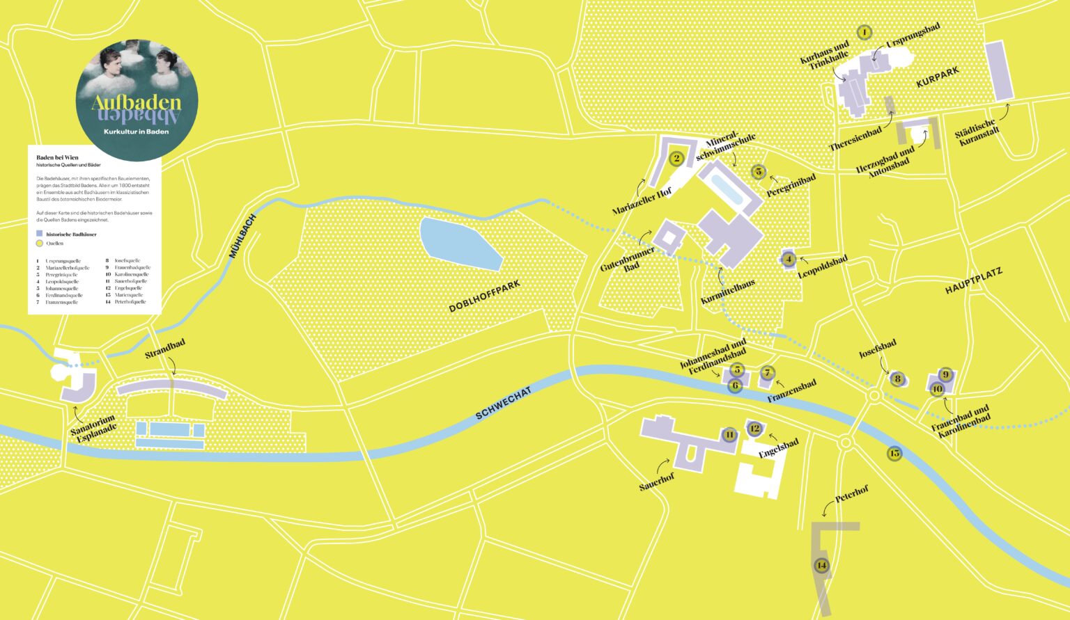 Schematische Darstellung auf gelbem Grund; namentlich eingetragen sind die Schwefelquellen und Badehäuser der Stadt.